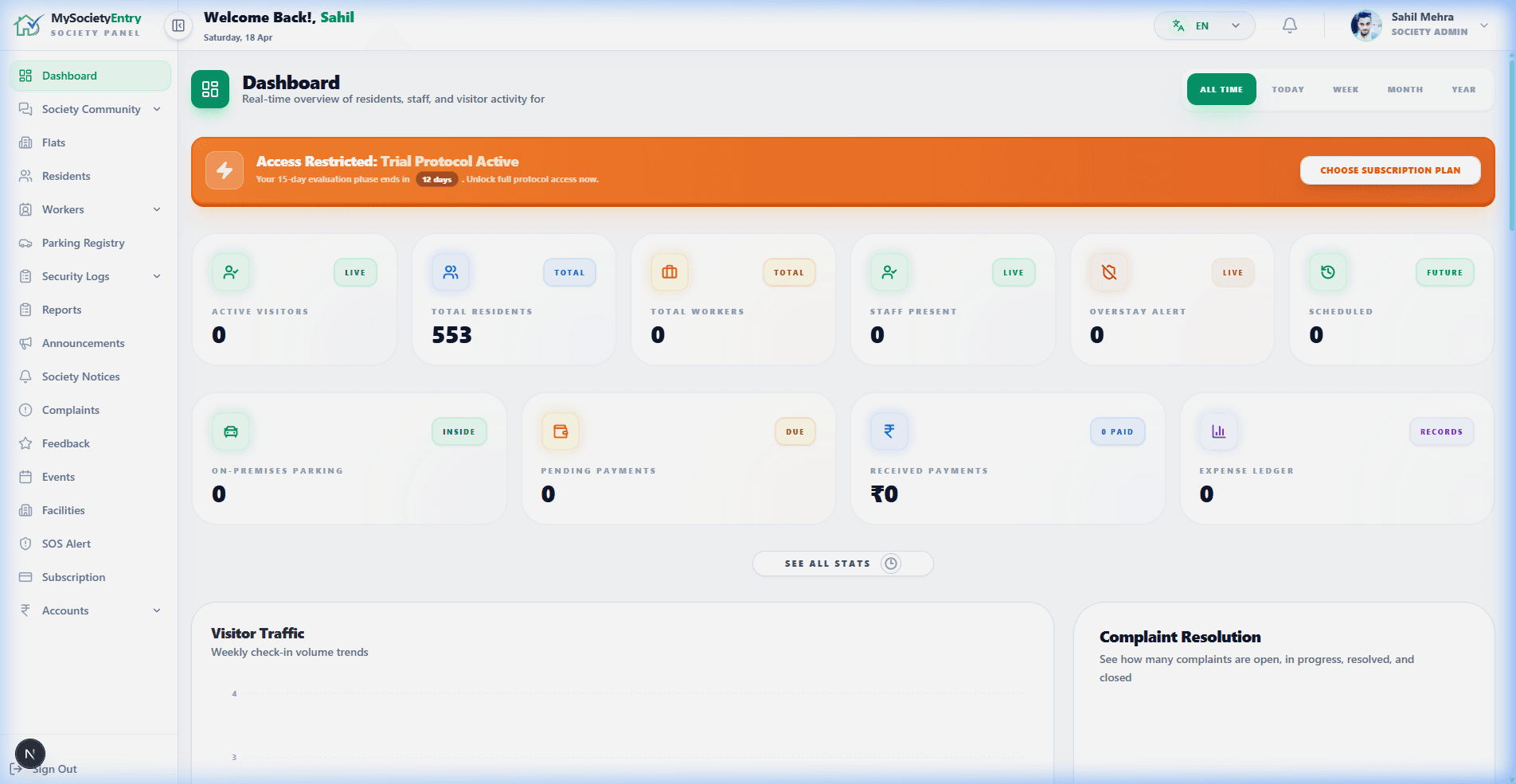 MySocietyEntry Society Management Console Dashboard Screenshot