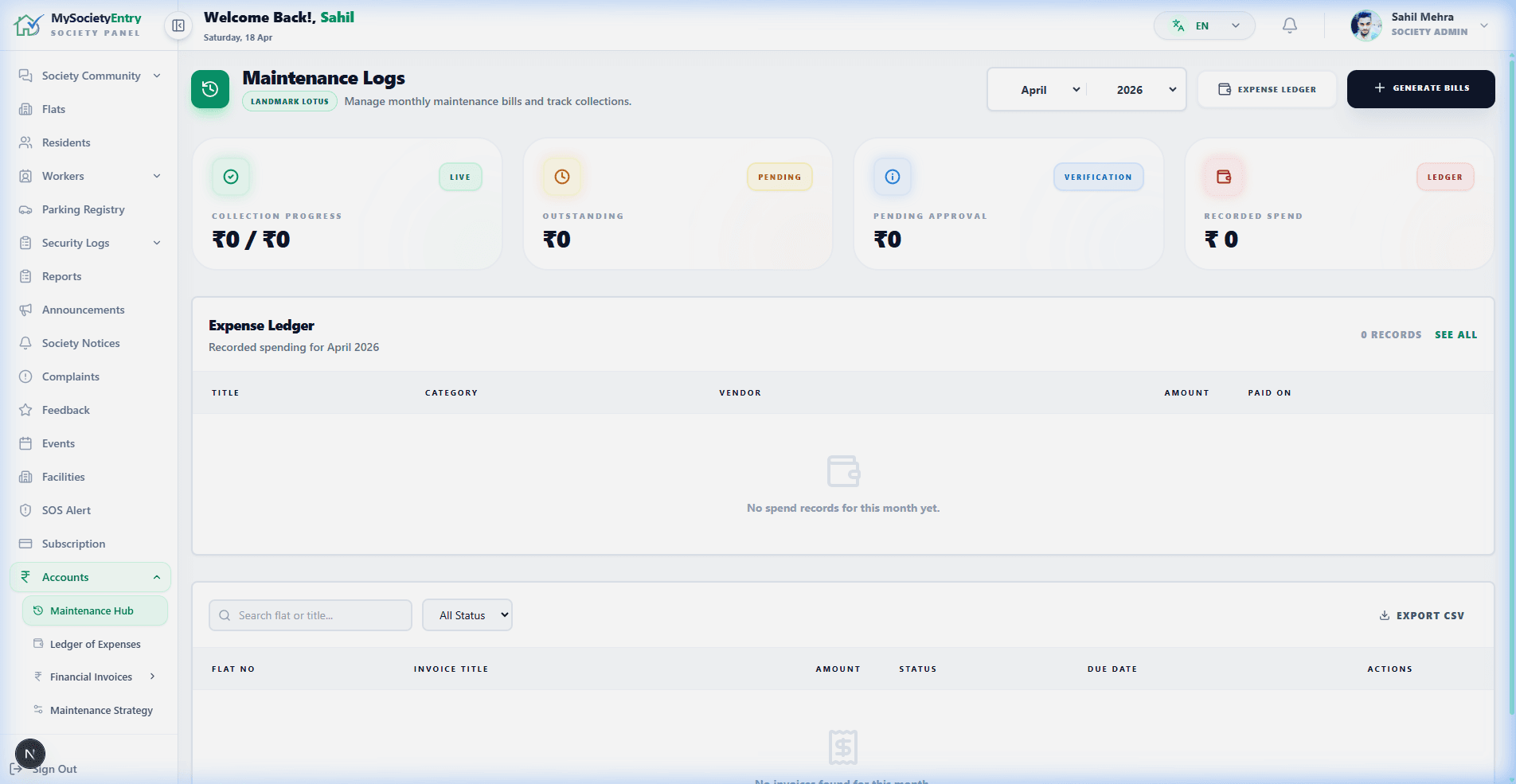 MySocietyEntry Audit Ready Society Billing Software Dashboard Screenshot
